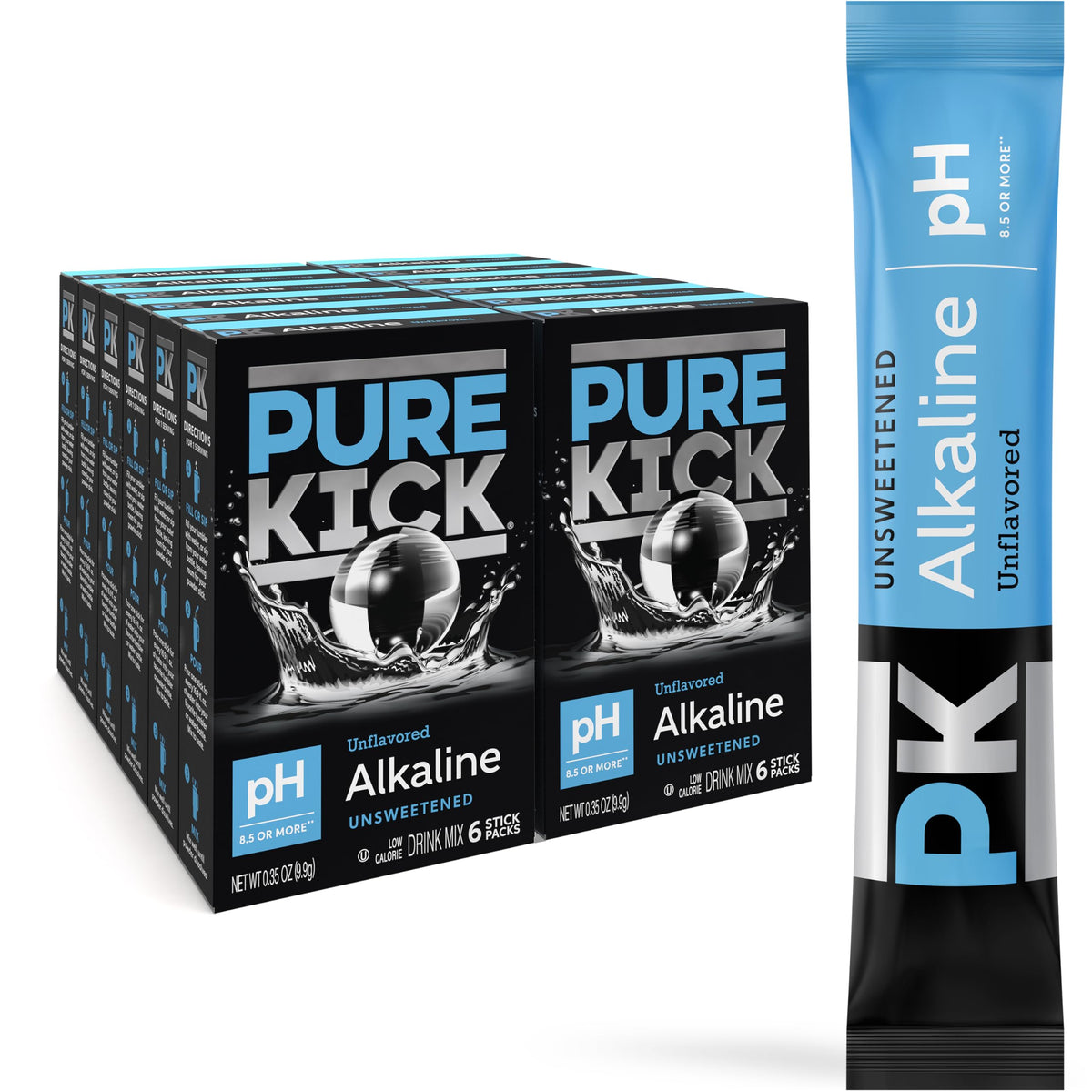 PURE KICK front packaging showing 72 unflavored alkaline packets for convenient hydration