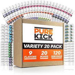 PURE KICK front packaging showing variety pack and flavors, clear convenience benefit