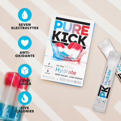 PURE KICK packet dissolving in water demonstrating fast hydration flavor