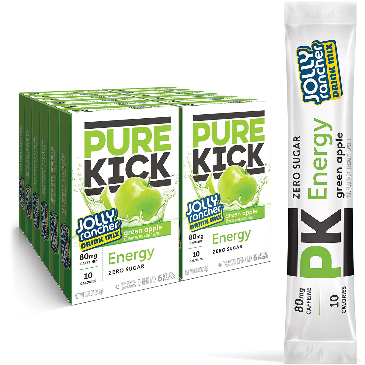 PURE KICK front packaging showing 72 sticks and Jolly Rancher Green Apple flavor energizing on the go