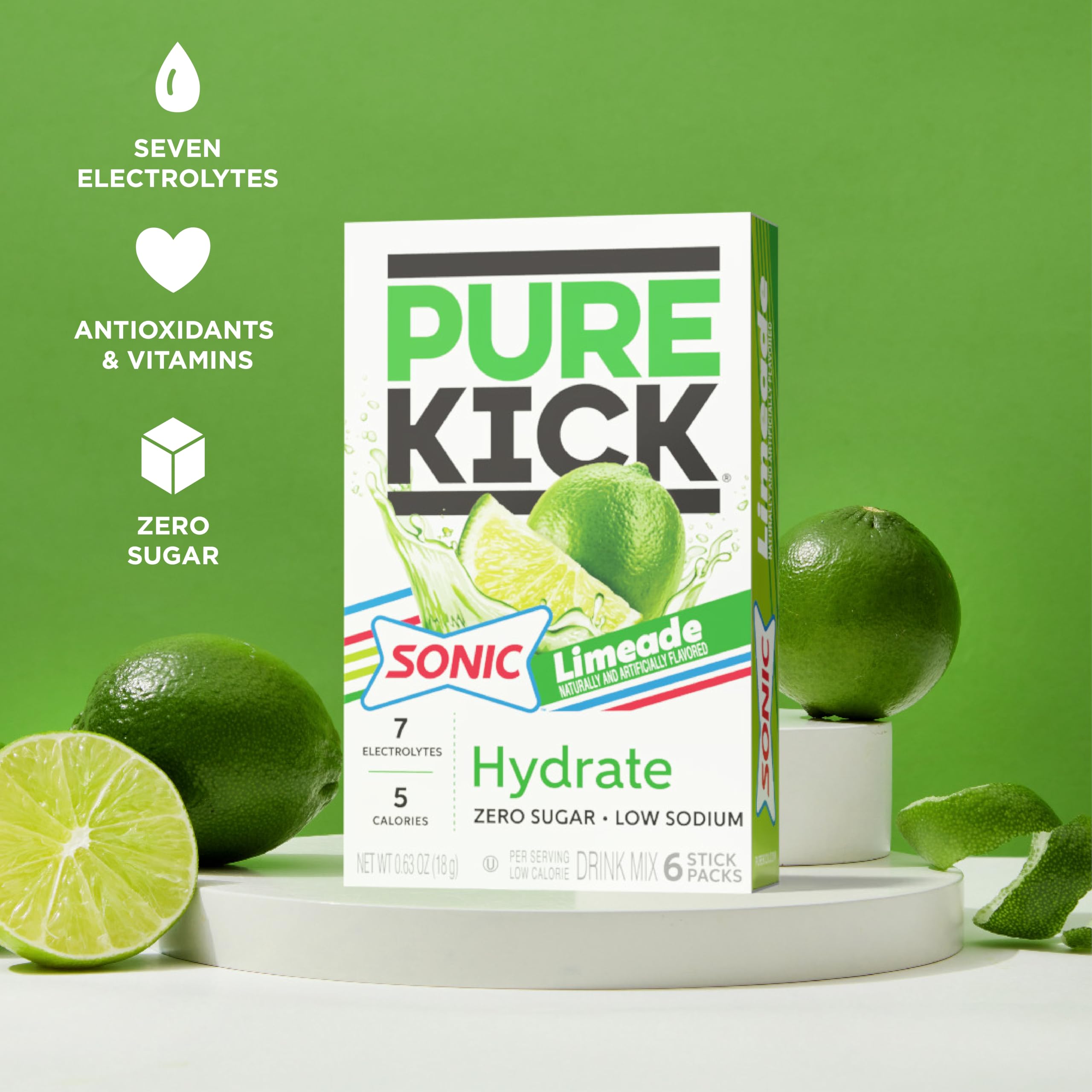 PURE KICK mixed Sonic Limeade in bottle illustrating vibrant color and quick hydration