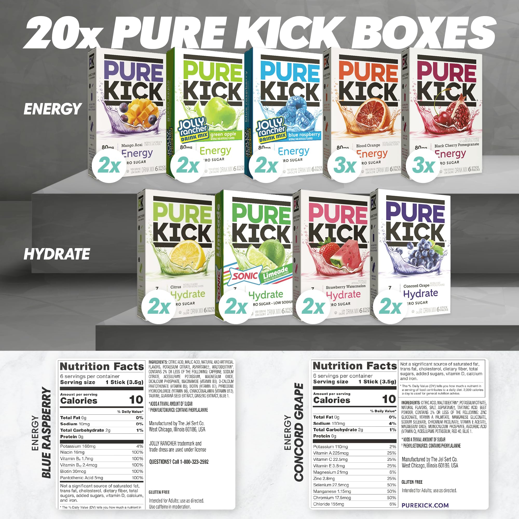PURE KICK single packet being poured into water, illustrating quick-mix convenience