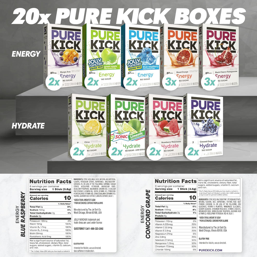 PURE KICK single packet being poured into water, illustrating quick-mix convenience