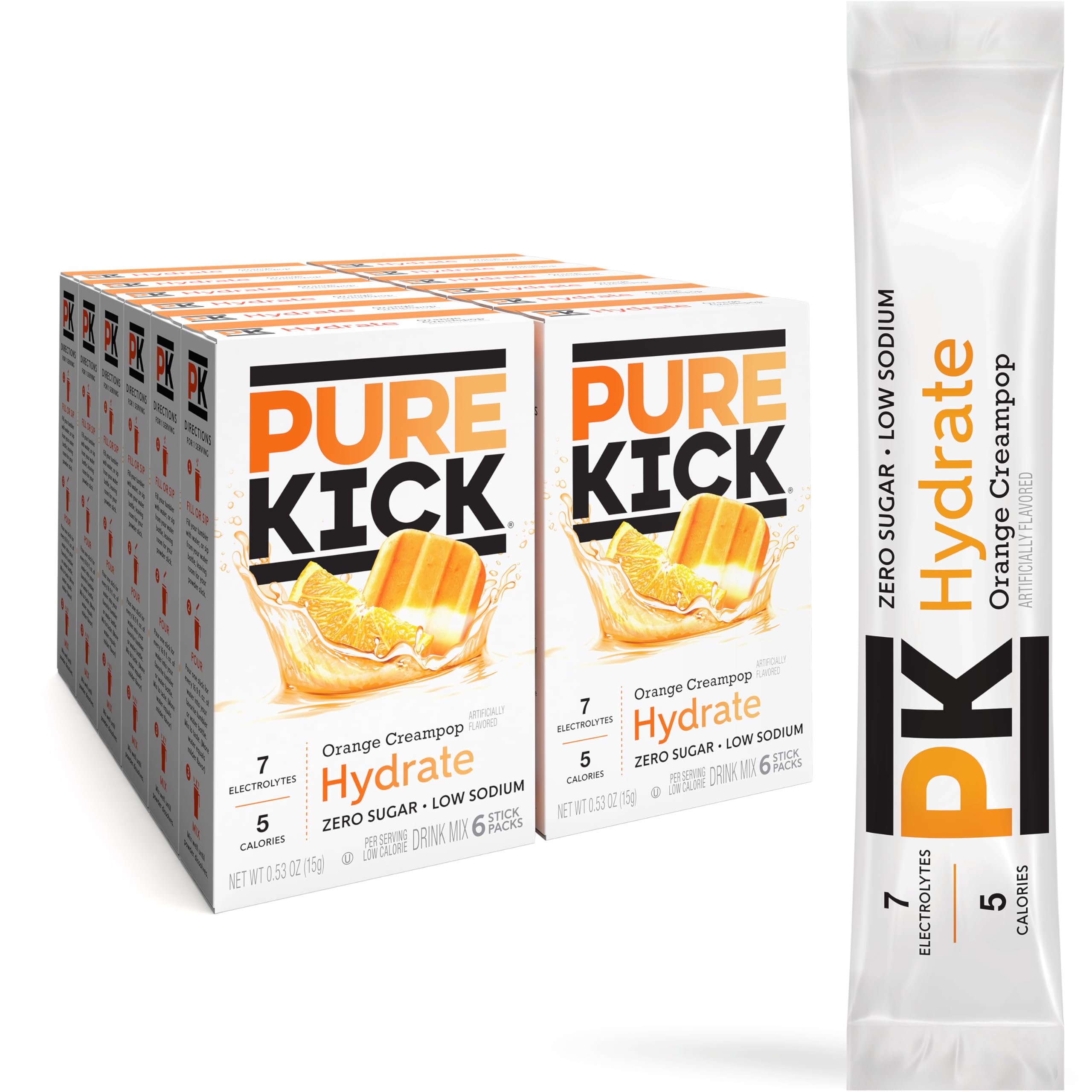 PURE KICK front packaging showing 72 Orange Creampop packets and benefits