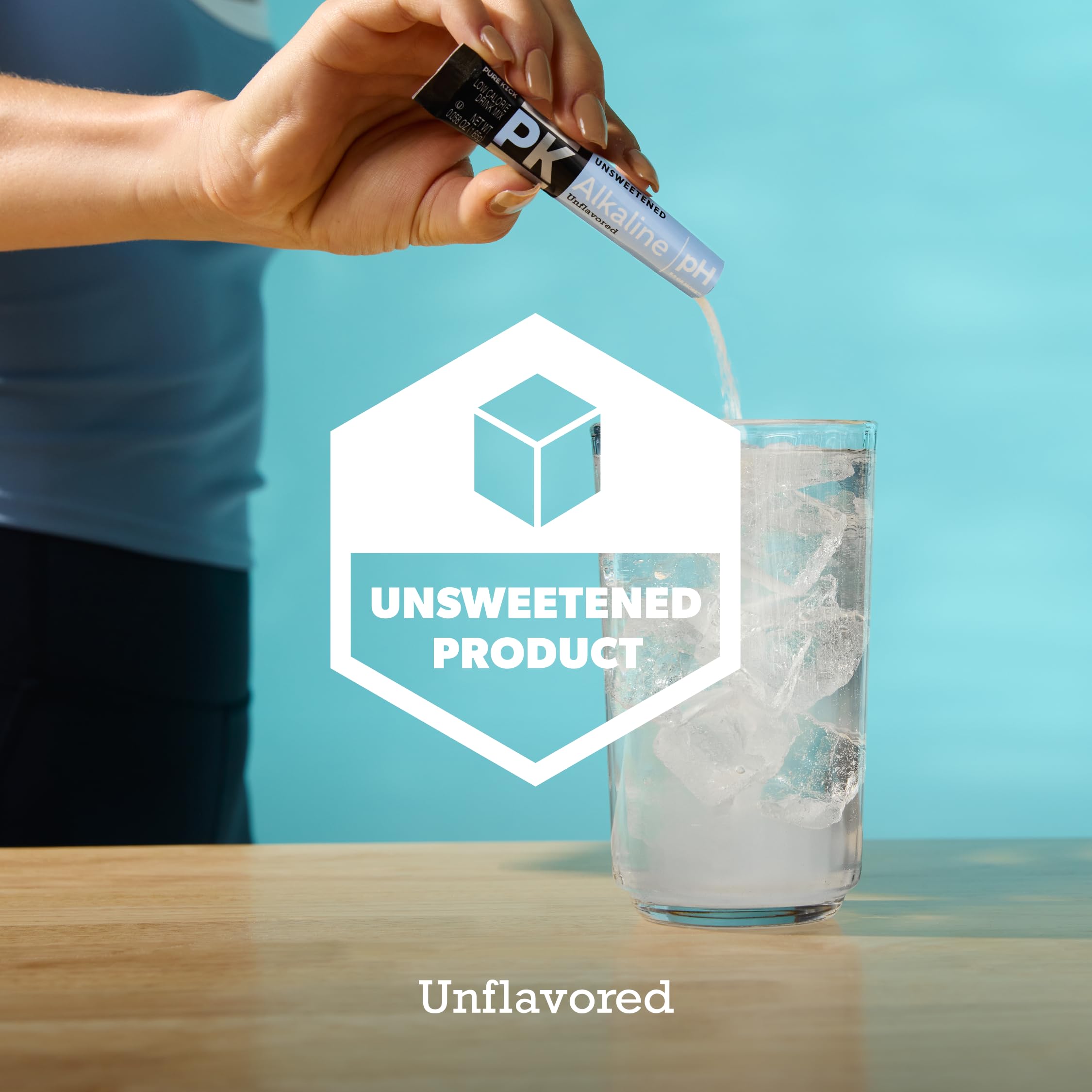 PURE KICK packet being poured into a water bottle showing instant pH elevation