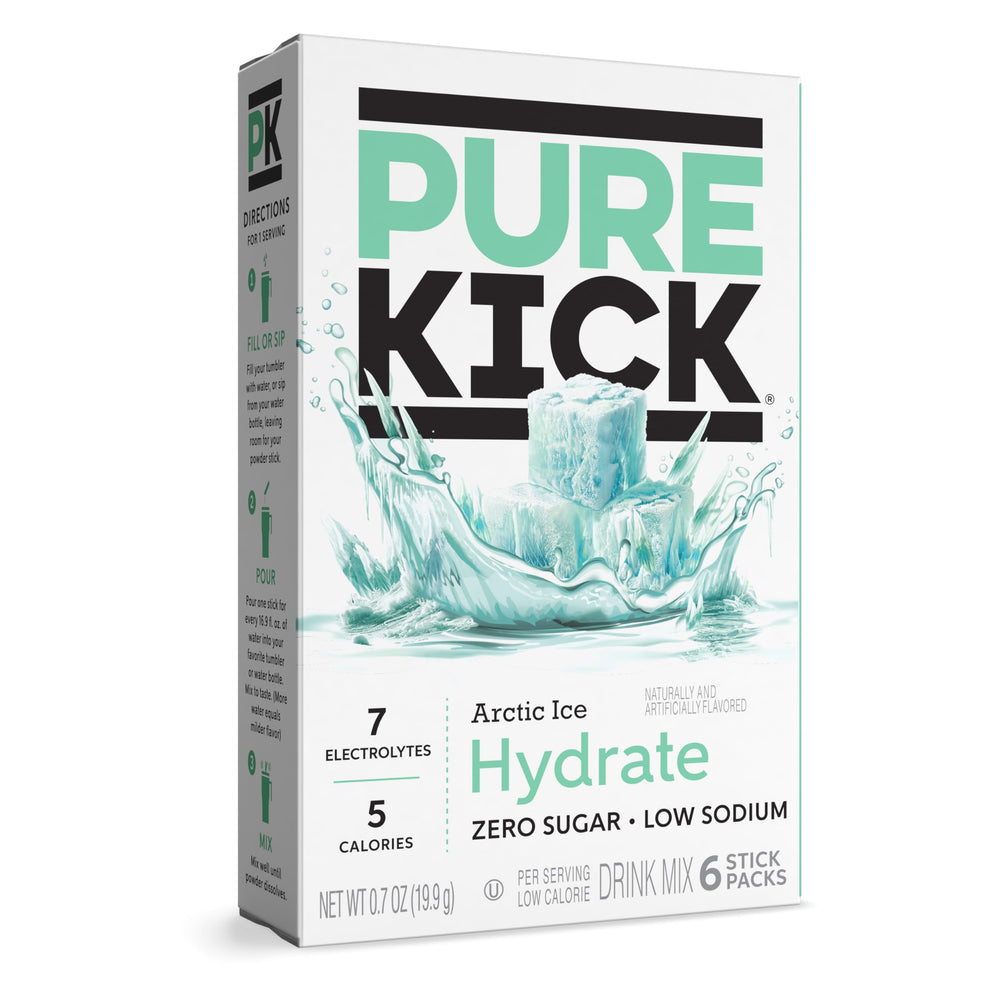 PURE KICK single packet being poured into a water bottle, fast mixing benefit