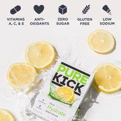 PURE KICK powder poured into water bottle, mixes quickly for hydration