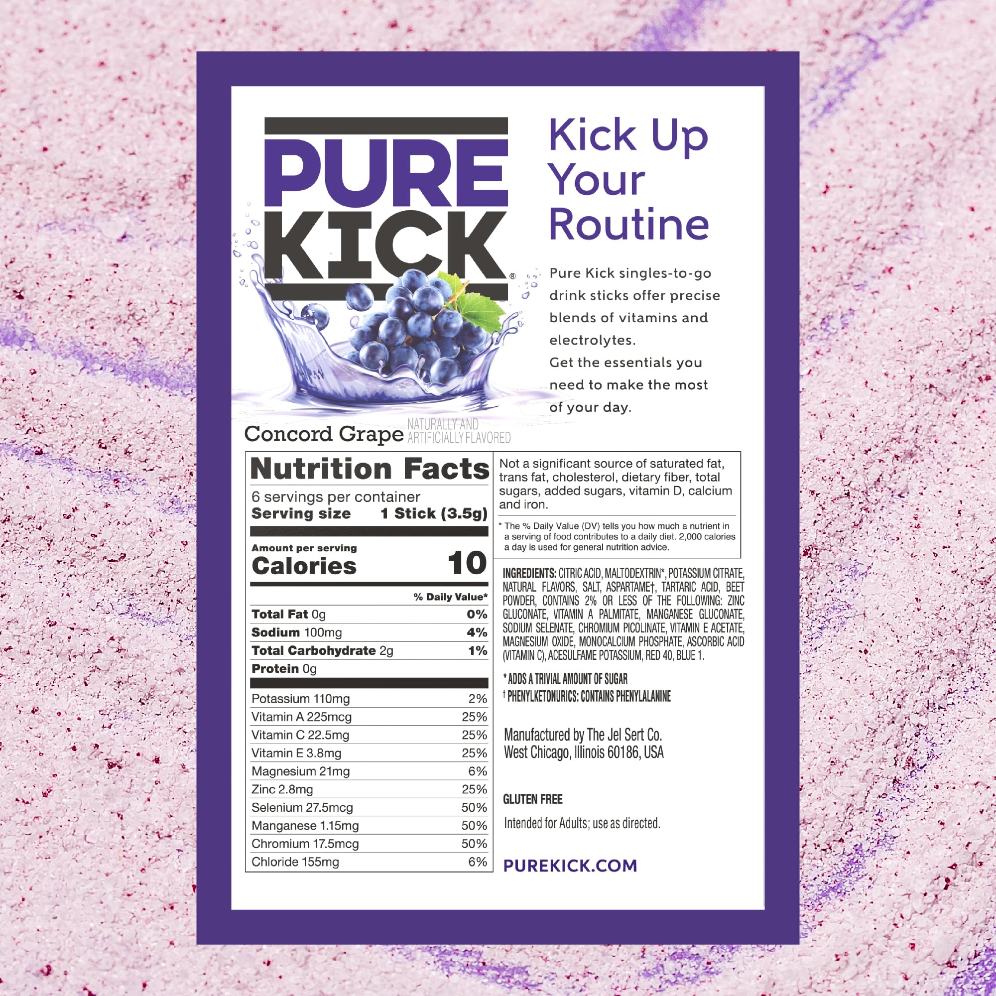PURE KICK next to a 16.9 oz bottle showing serving size and portable use