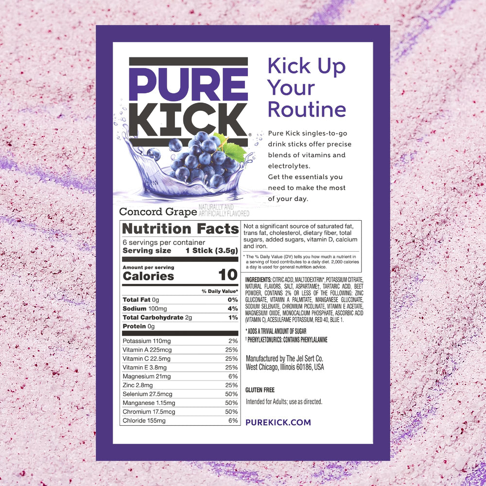 PURE KICK next to a 16.9 oz bottle showing serving size and portable use