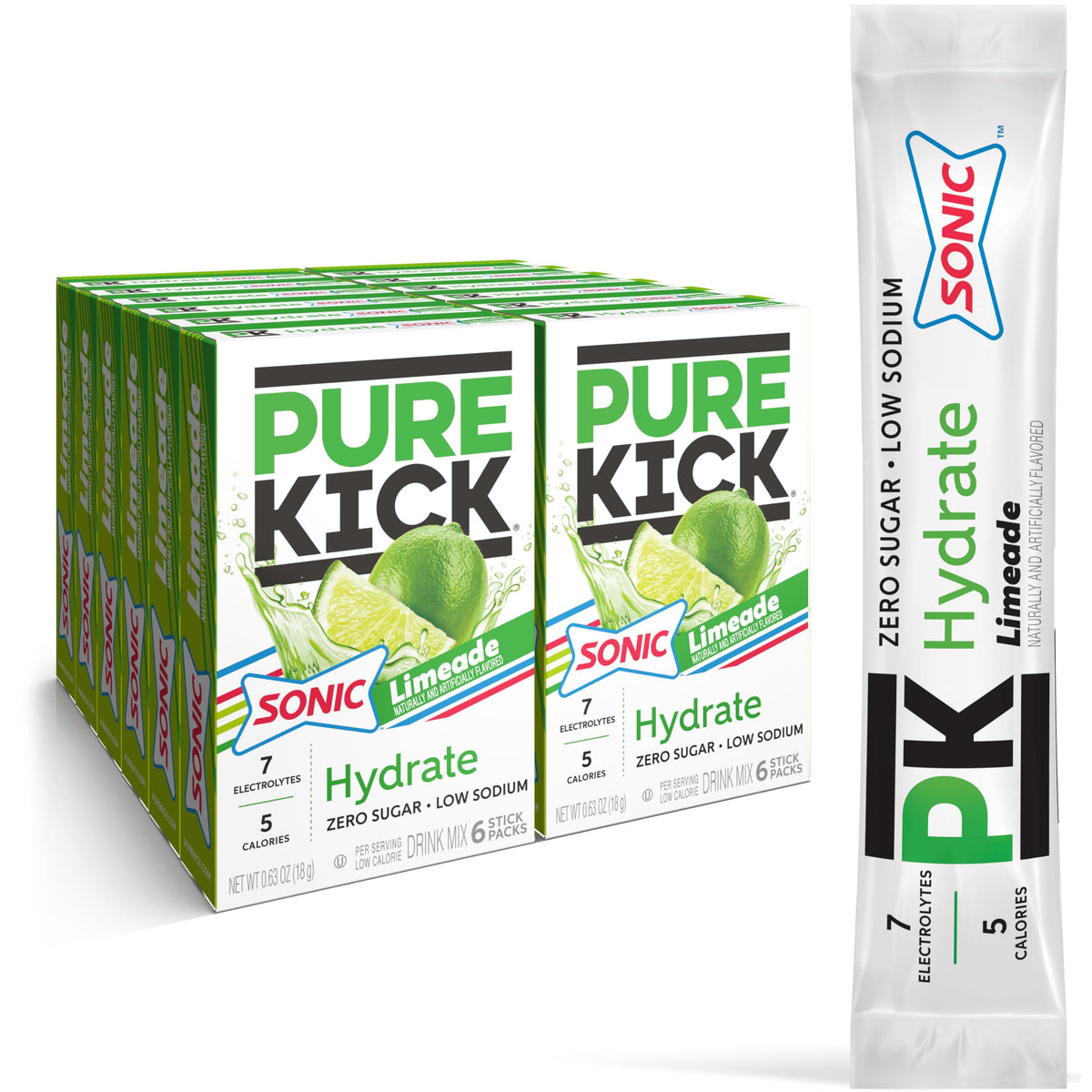 PURE KICK front packaging showing 72-packet bulk box and bold limeade branding for convenience