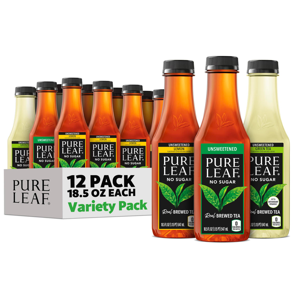 Pure Leaf front pack showing all three unsweetened flavors and zero calories