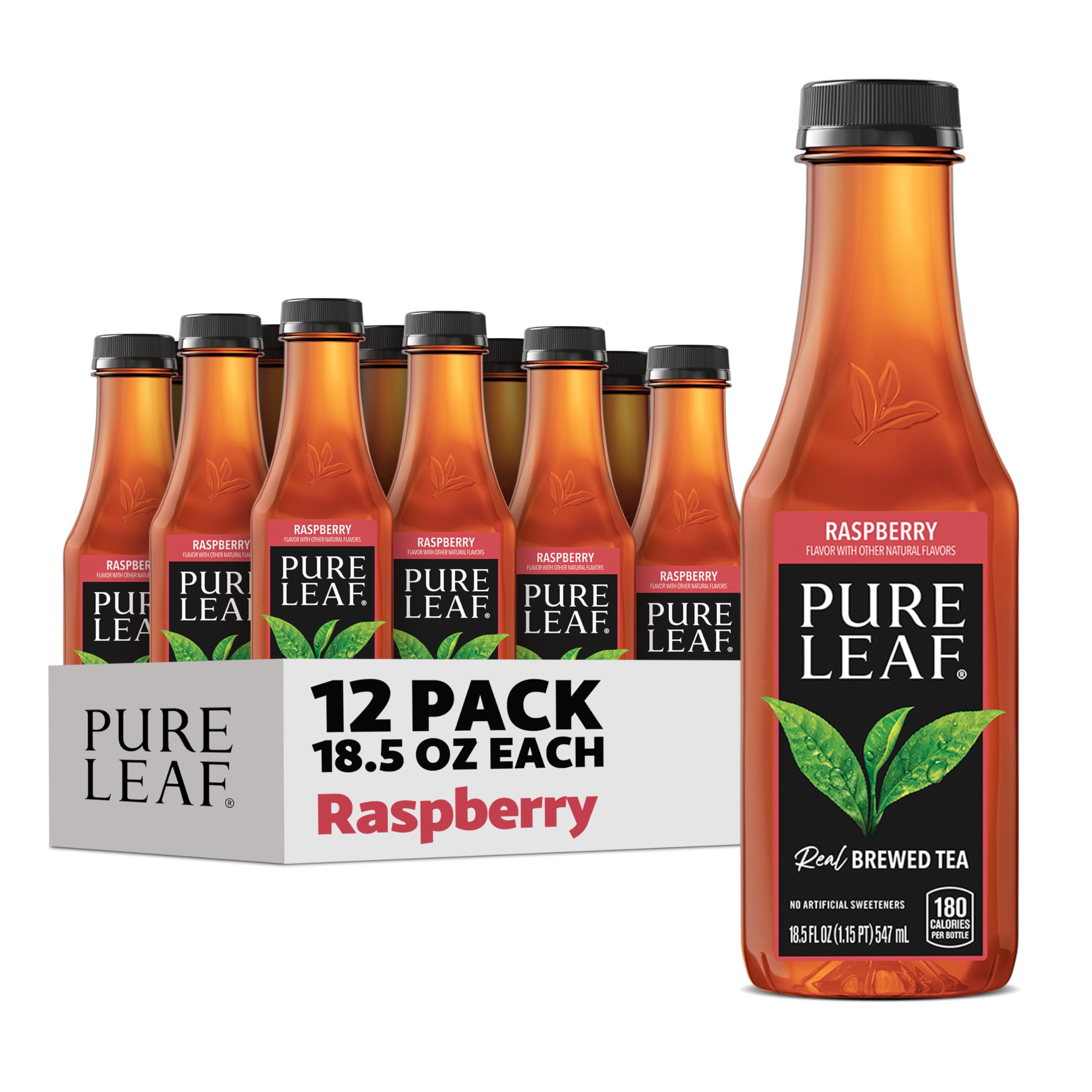 Pure Leaf bottle front packaging showing raspberry iced tea and brand logo offering real-brew taste