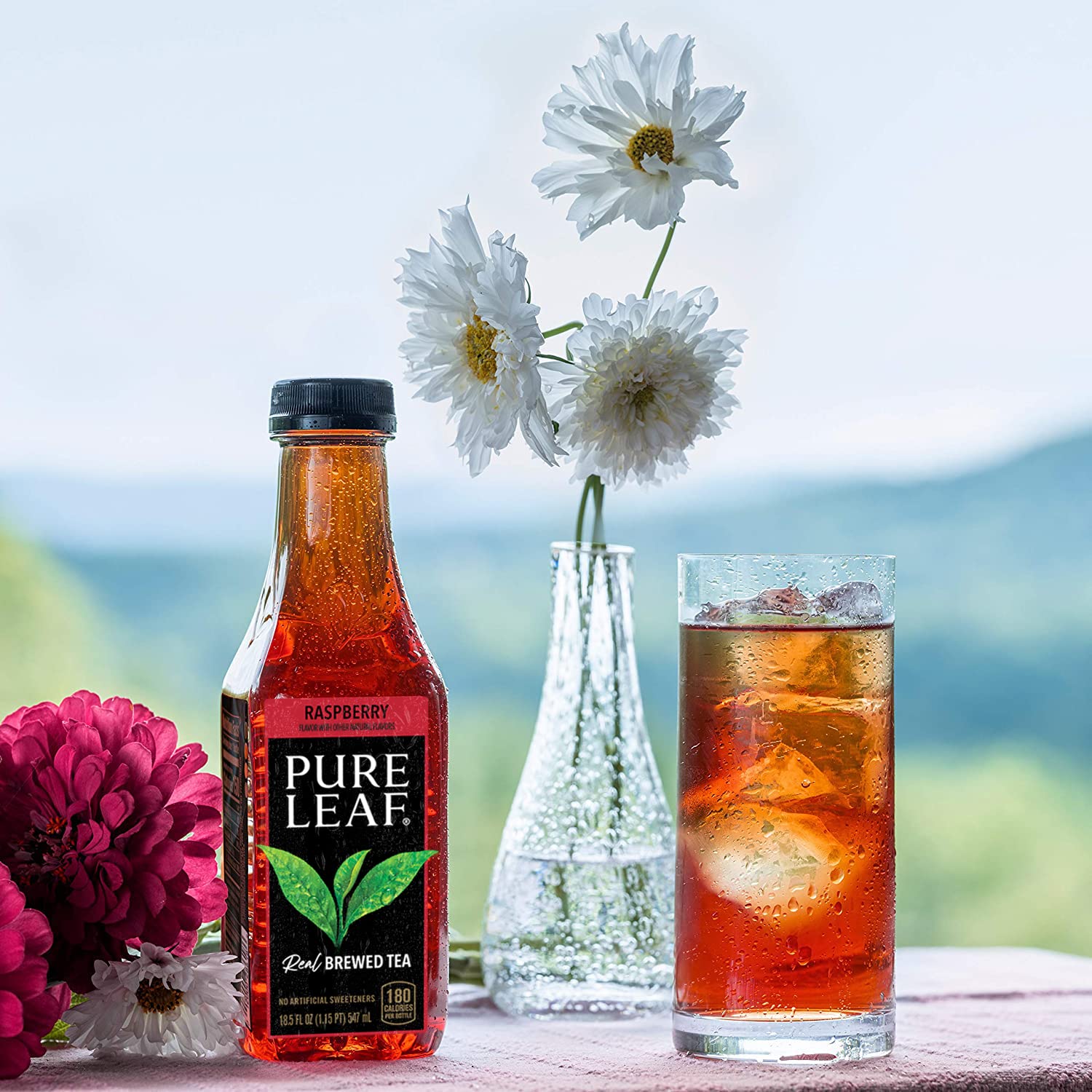 Pure Leaf bottles on a picnic blanket conveying convenience and flavorful tea for gatherings