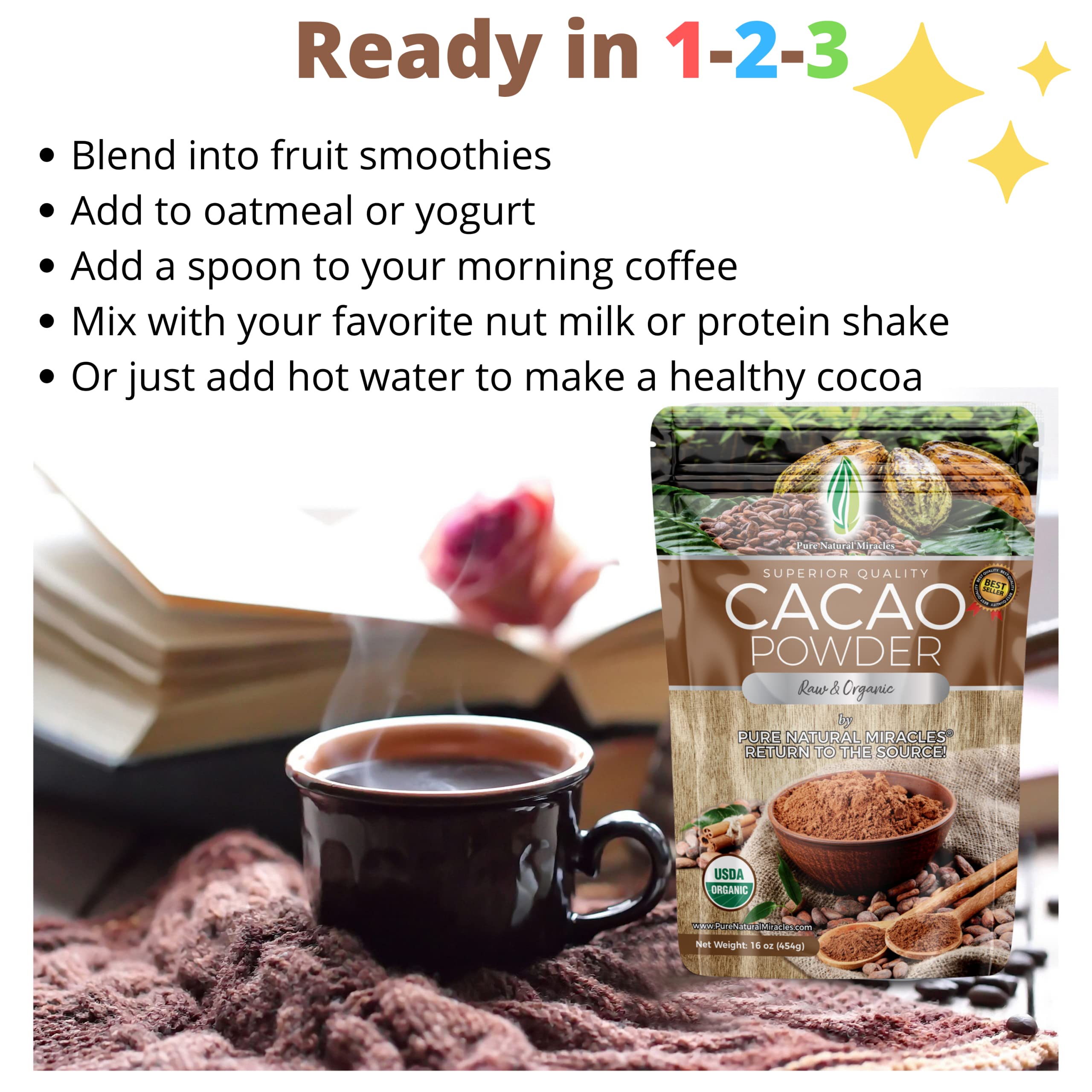 Pure Natural Miracles cacao blended in smoothie for rich chocolate flavor