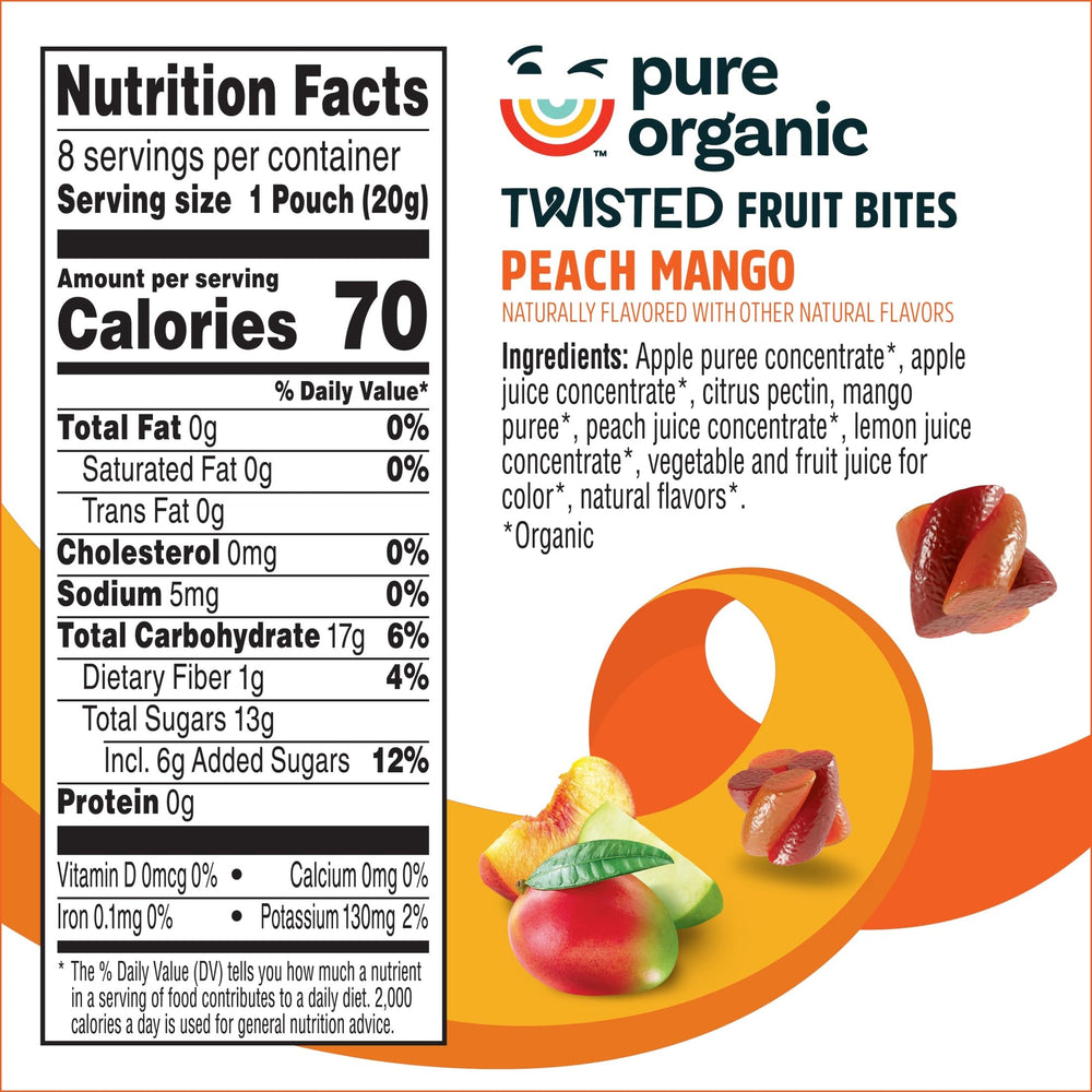 Pure Organic close-up of twisted fruit bites texture highlighting real fruit