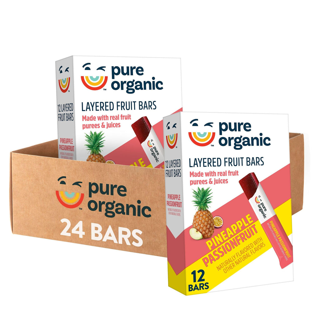 Pure Organic front box showing pineapple passionfruit flavor and organic benefits