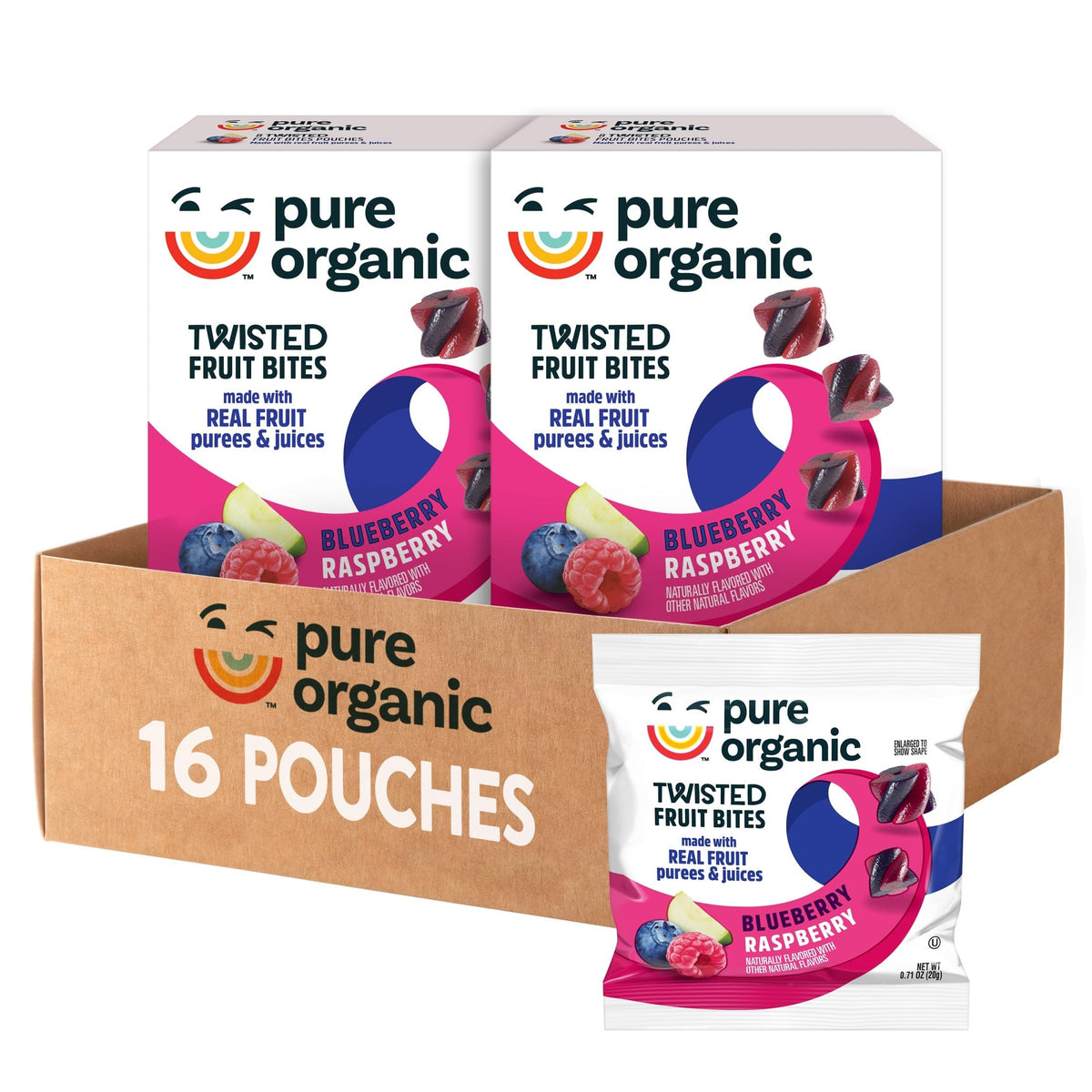Pure Organic front packaging showing blueberry raspberry and benefits