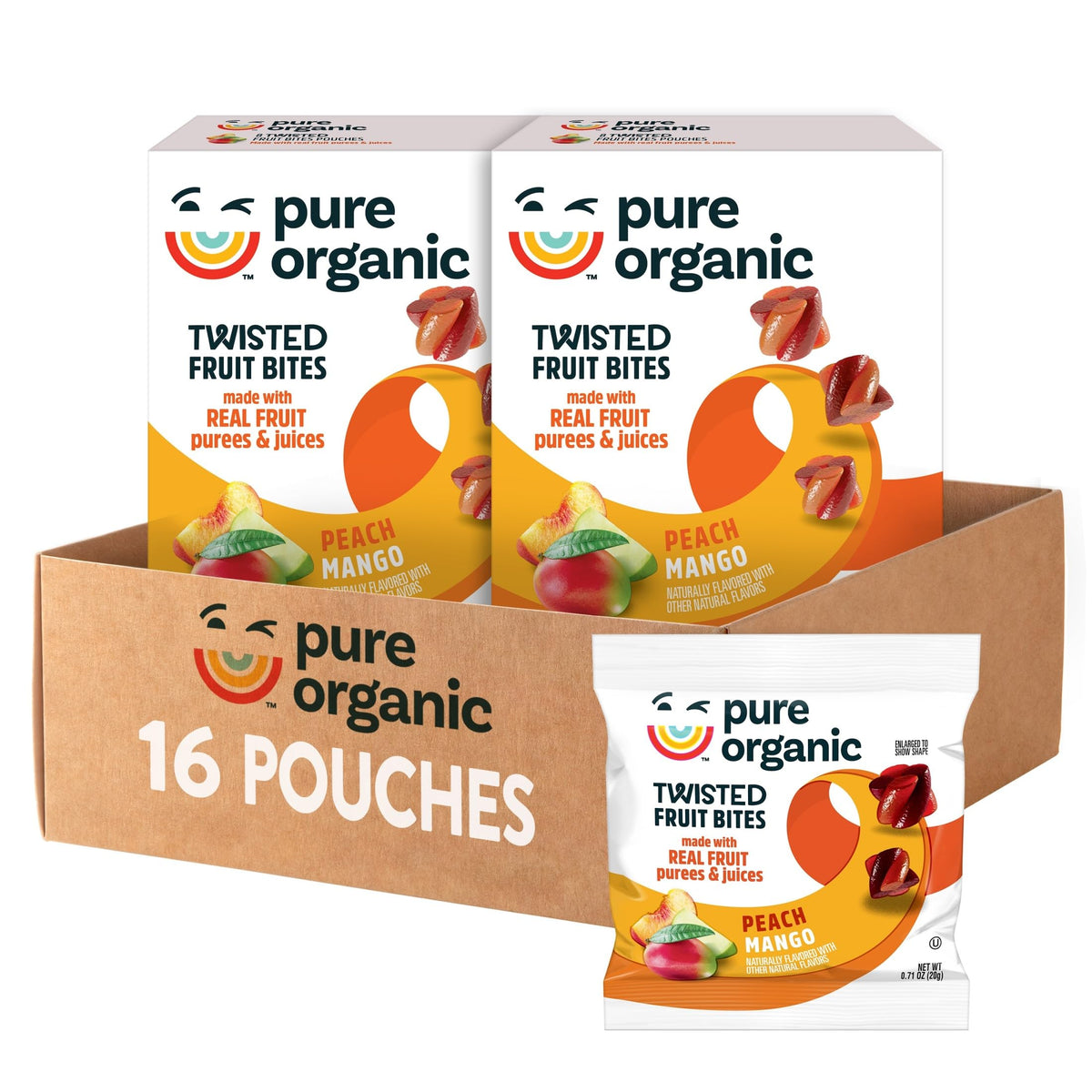 Pure Organic front packaging showing peach mango and organic badge benefits