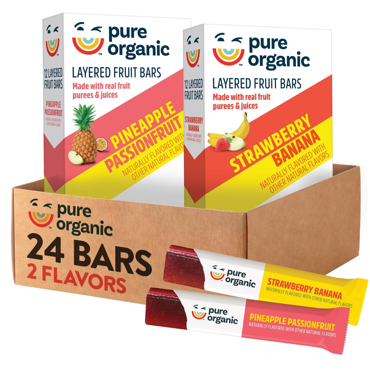 Pure Organic front packaging displaying two boxes, shows product and variety
