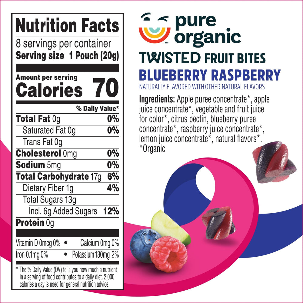 Pure Organic close-up texture of twisted fruit bites highlighting real fruit