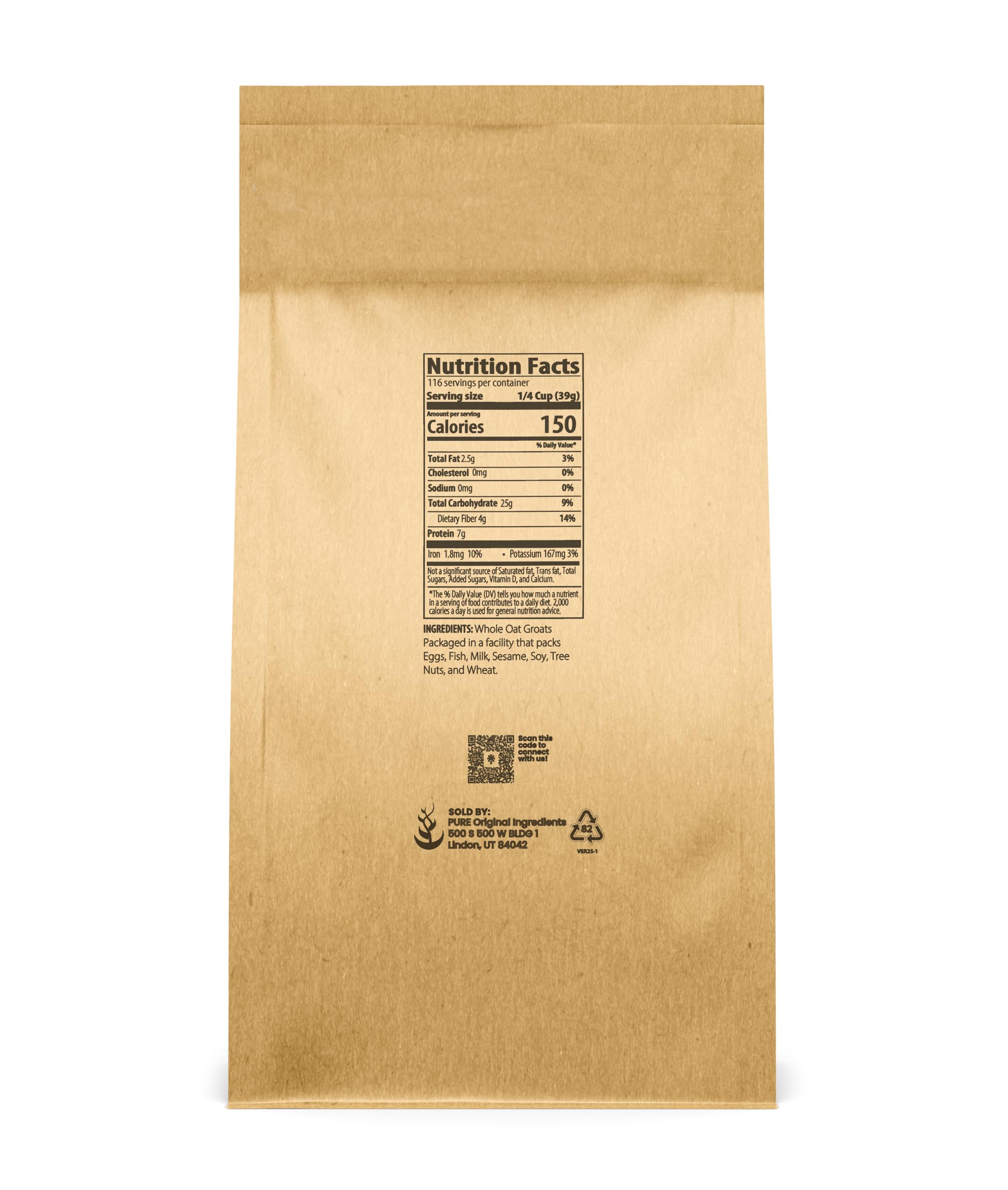 PURE ORIGINAL INGREDIENTS close-up of uncut oat groats kernels, highlighting whole-grain texture and nutrition