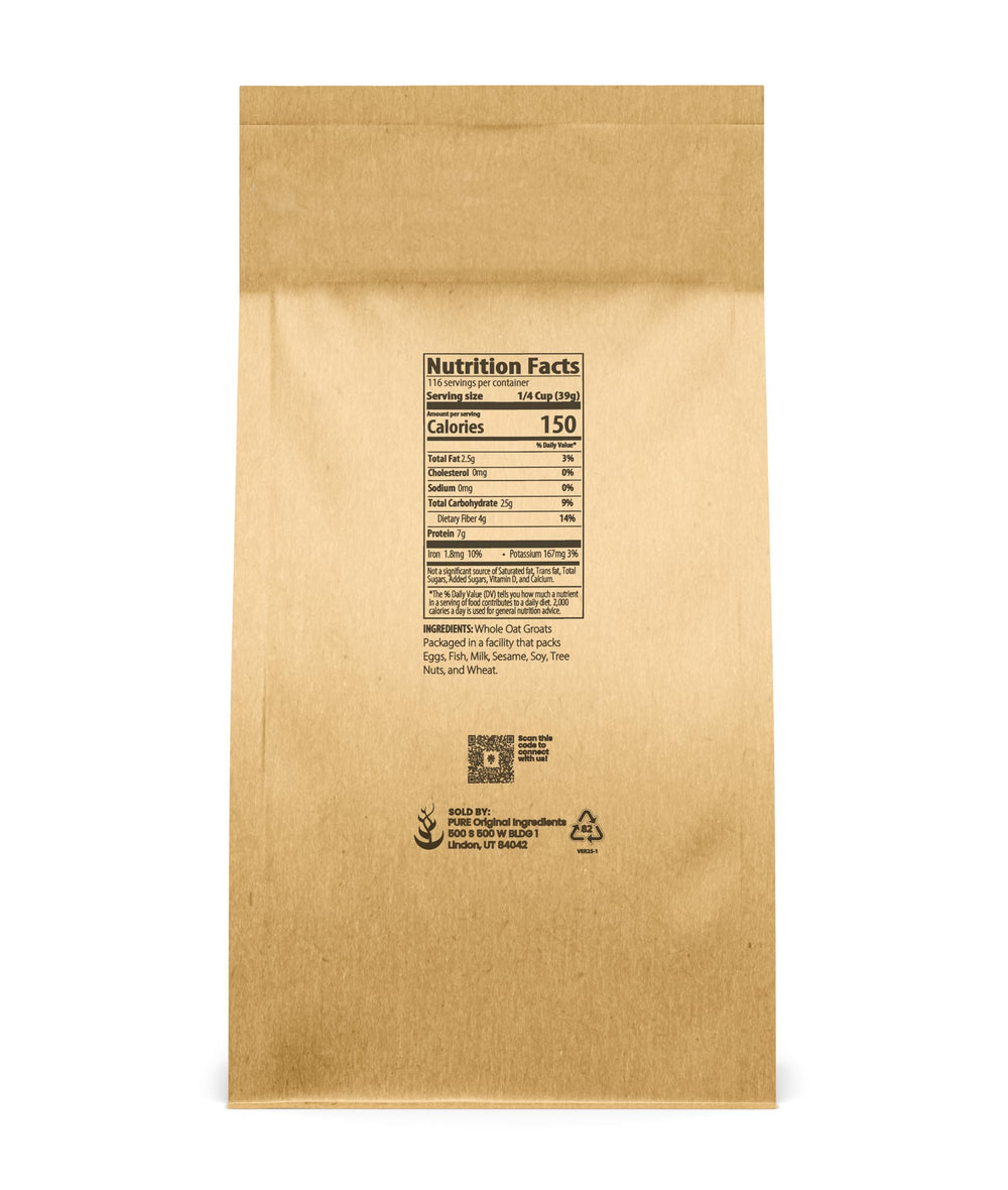 PURE ORIGINAL INGREDIENTS close-up of uncut oat groats kernels, highlighting whole-grain texture and nutrition