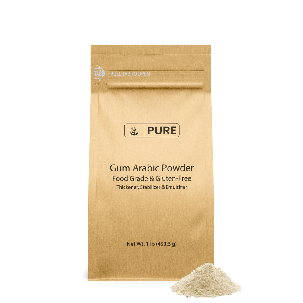 PURE ORIGINAL INGREDIENTS front packaging of gum arabic powder showing brand and net weight benefit: clear labeling and resealable pouch