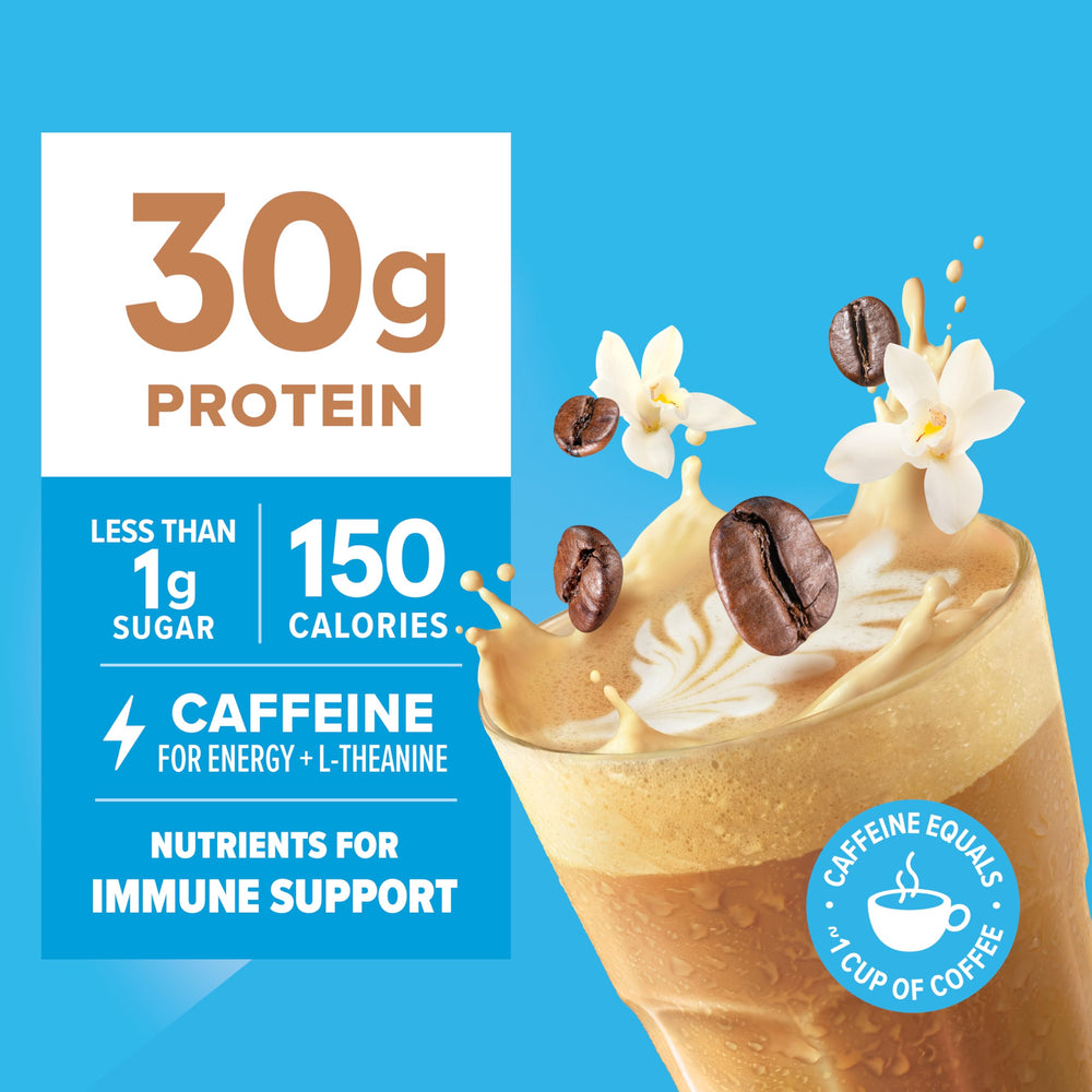 Pure Protein label close-up showing vanilla latte flavor and 30g protein benefit