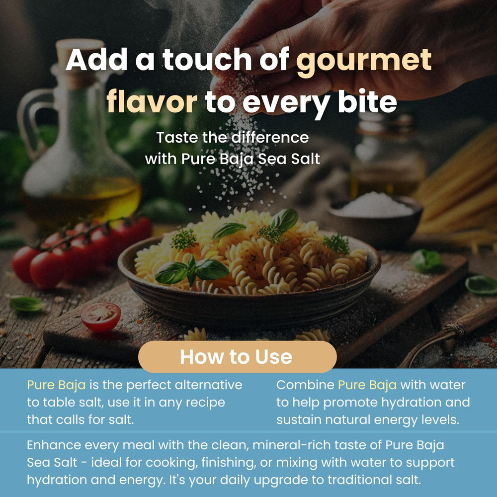 Pure Sea Salts in a kitchen scene seasoning a dish to enhance natural flavors