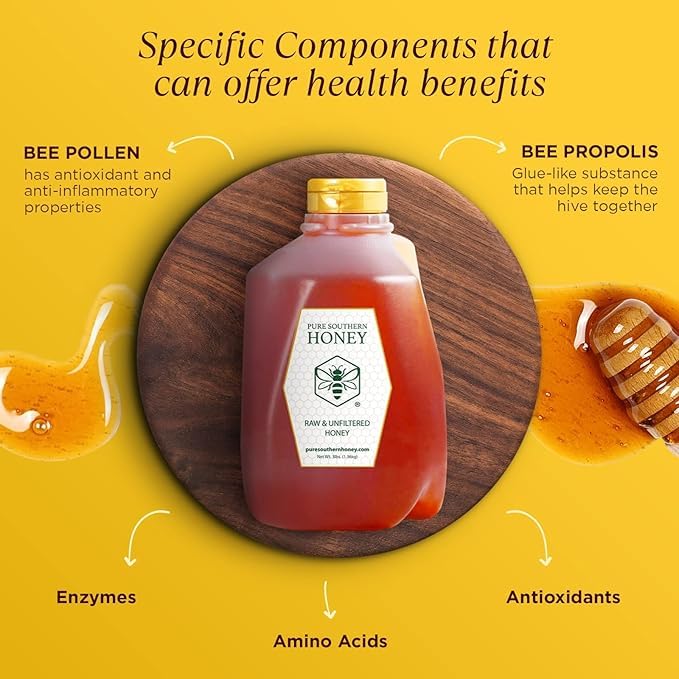 Pure Southern Honey close-up of comb and honey texture, brand preserving nutrients