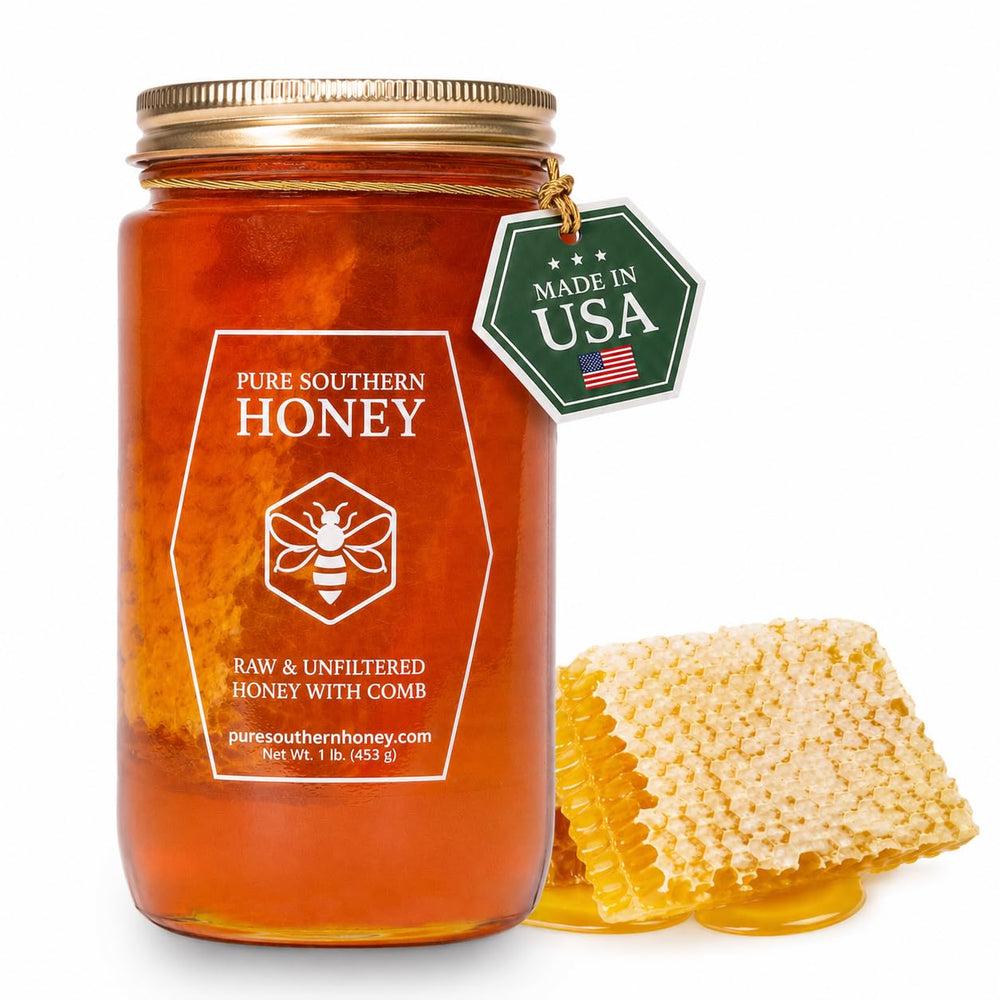 Pure Southern Honey front jar view showing honeycomb and clear amber honey benefit: authentic presentation
