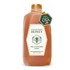 Pure Southern Honey front label on 5 lb jar showing origin and benefits
