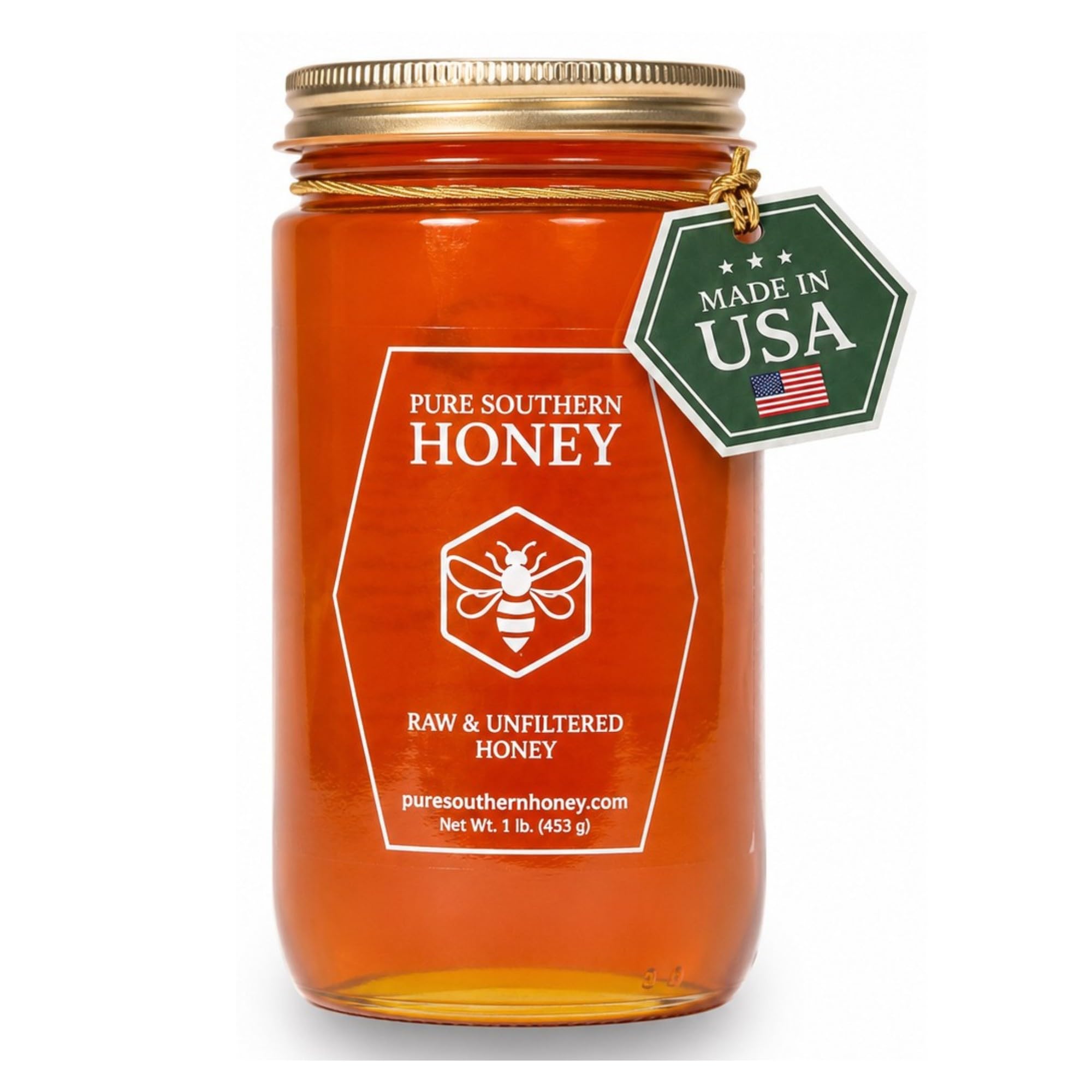 Pure Southern Honey front label on glass jar showcasing origin and quality
