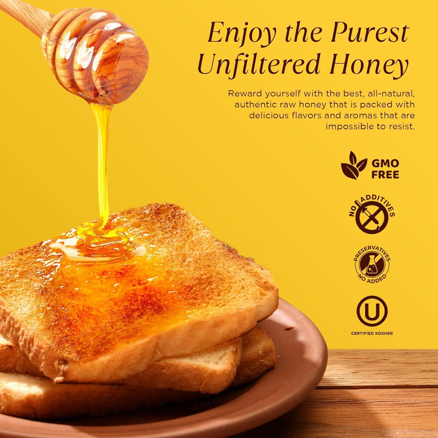 Pure Southern Honey pouring from jar on wooden spoon to show viscosity