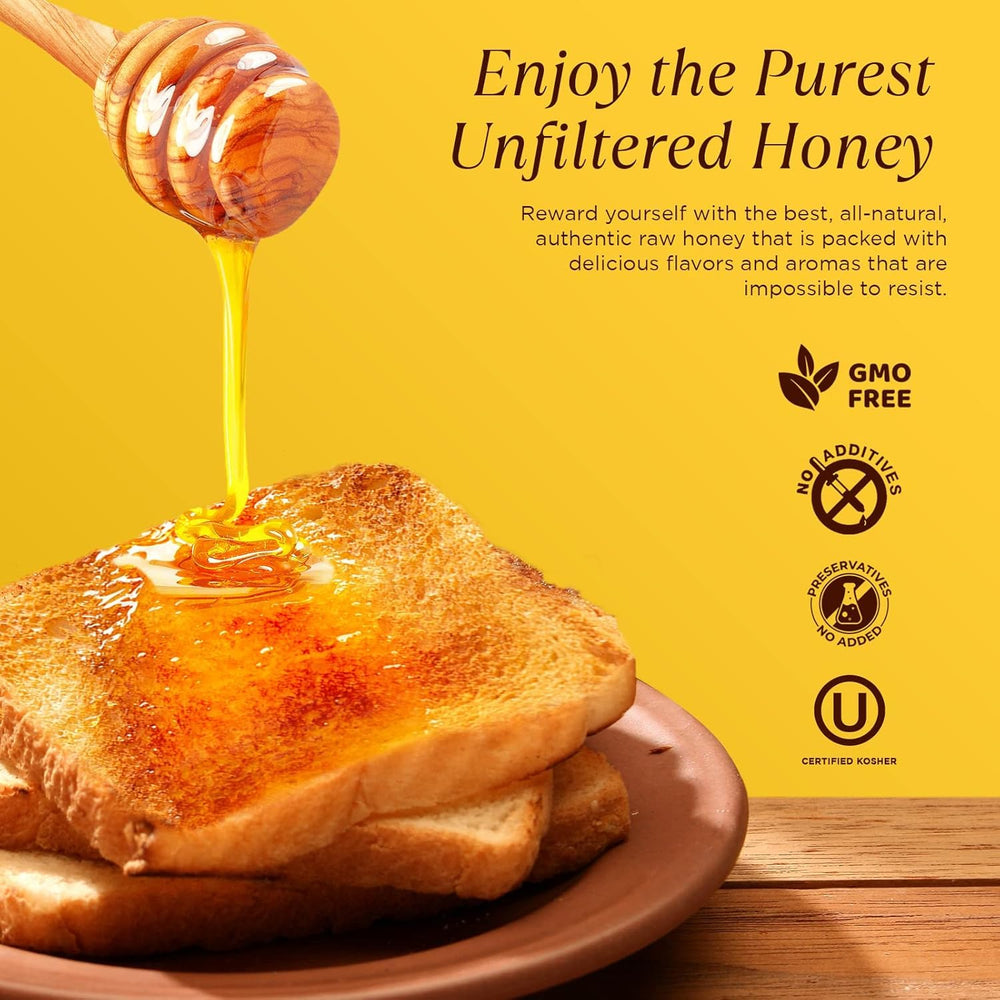 Pure Southern Honey pouring from jar on wooden spoon to show viscosity