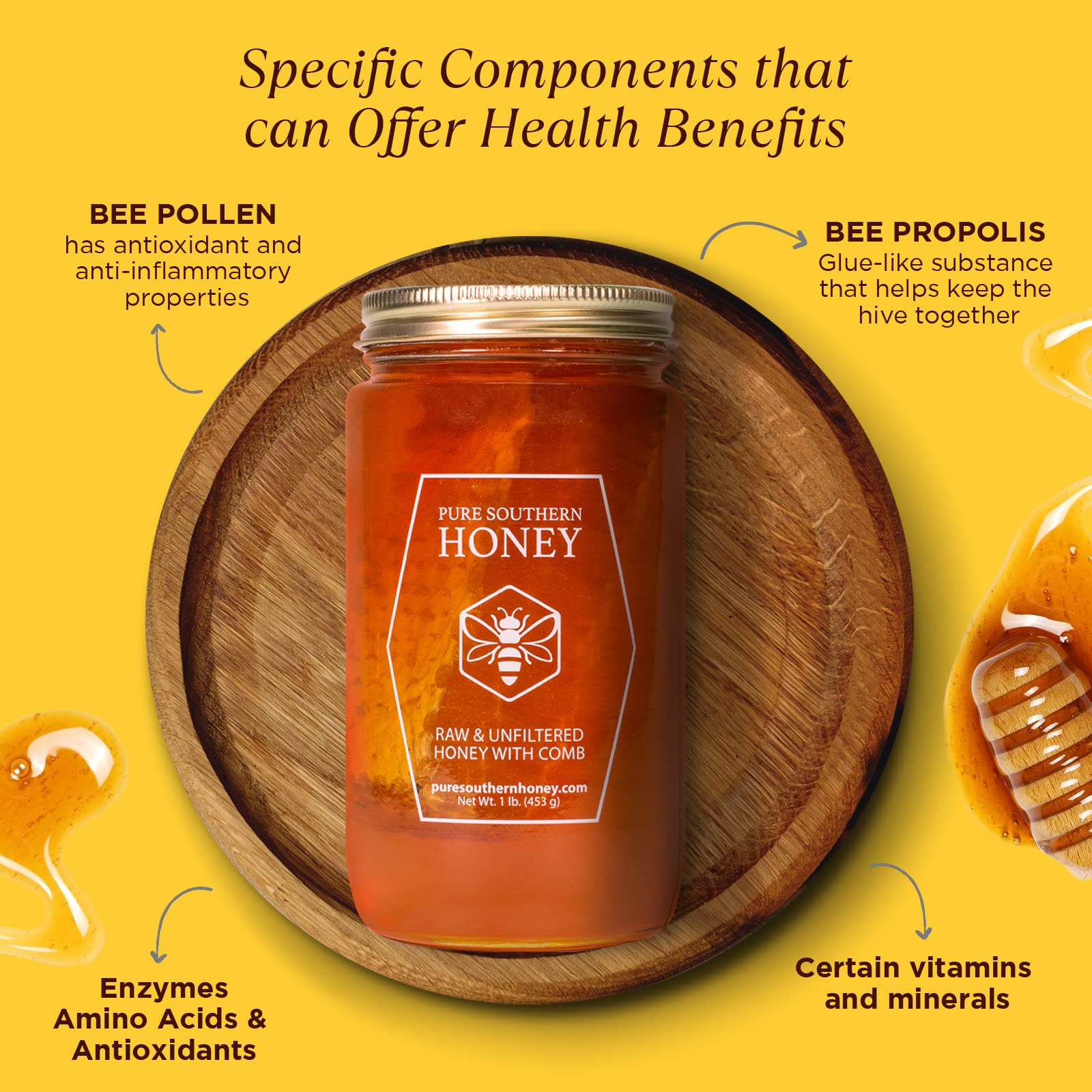 Pure Southern Honey pouring into teaspoon demonstrates smooth pourability and rich floral taste benefit