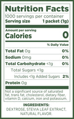Pure Via packet close-up showing stevia powder texture and easy-tear benefit