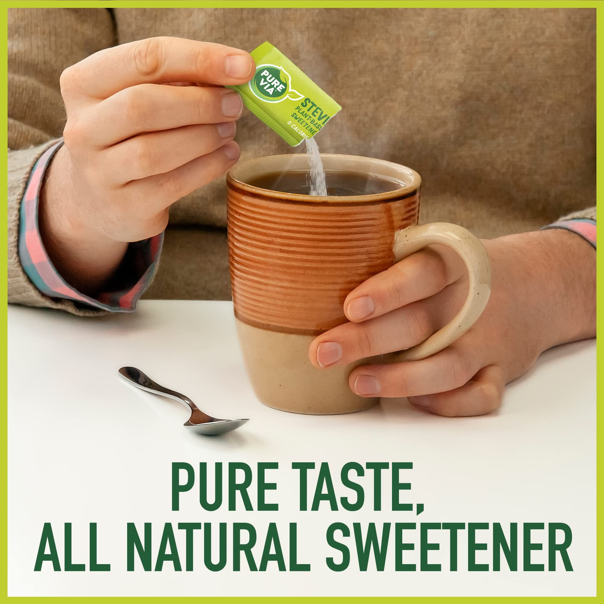 Pure Via carton beside a coffee cup to show scale and bulk convenience