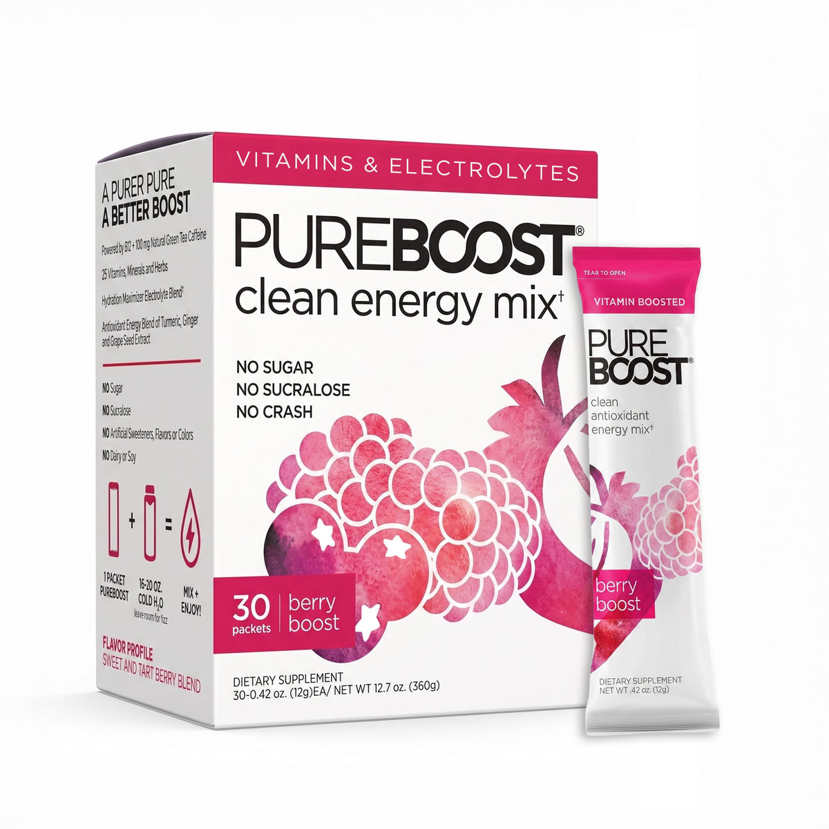 Pureboost box front view showing Berry Boost packaging and daily convenience