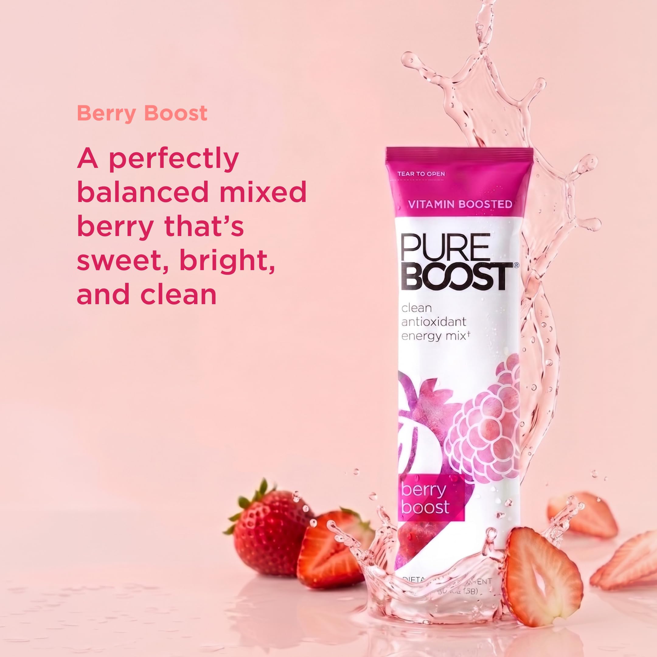 Pureboost powder texture close-up showing fine berry mix for quick dissolve