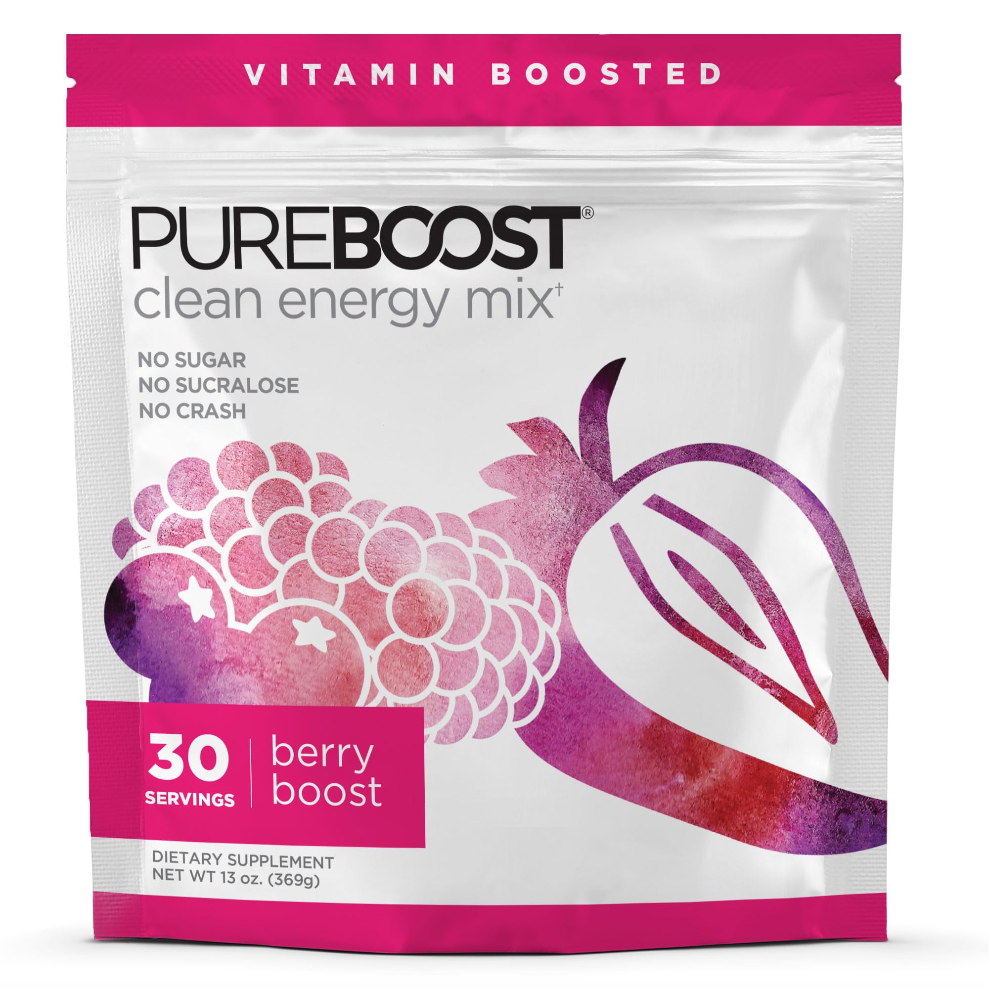 Pureboost pouch front view showing Berry Boost branding and servings benefit