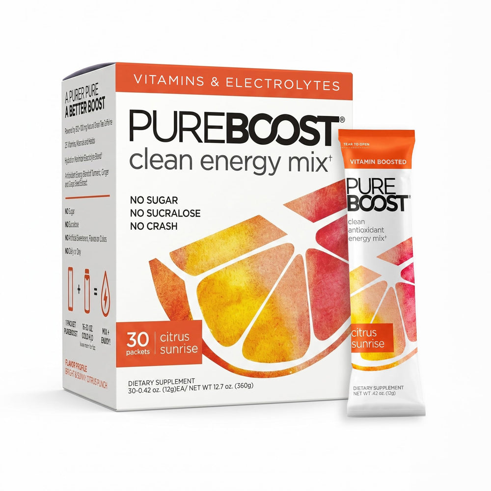 Pureboost Citrus Sunrise front box showing 30 packets and bright citrus artwork for quick energy
