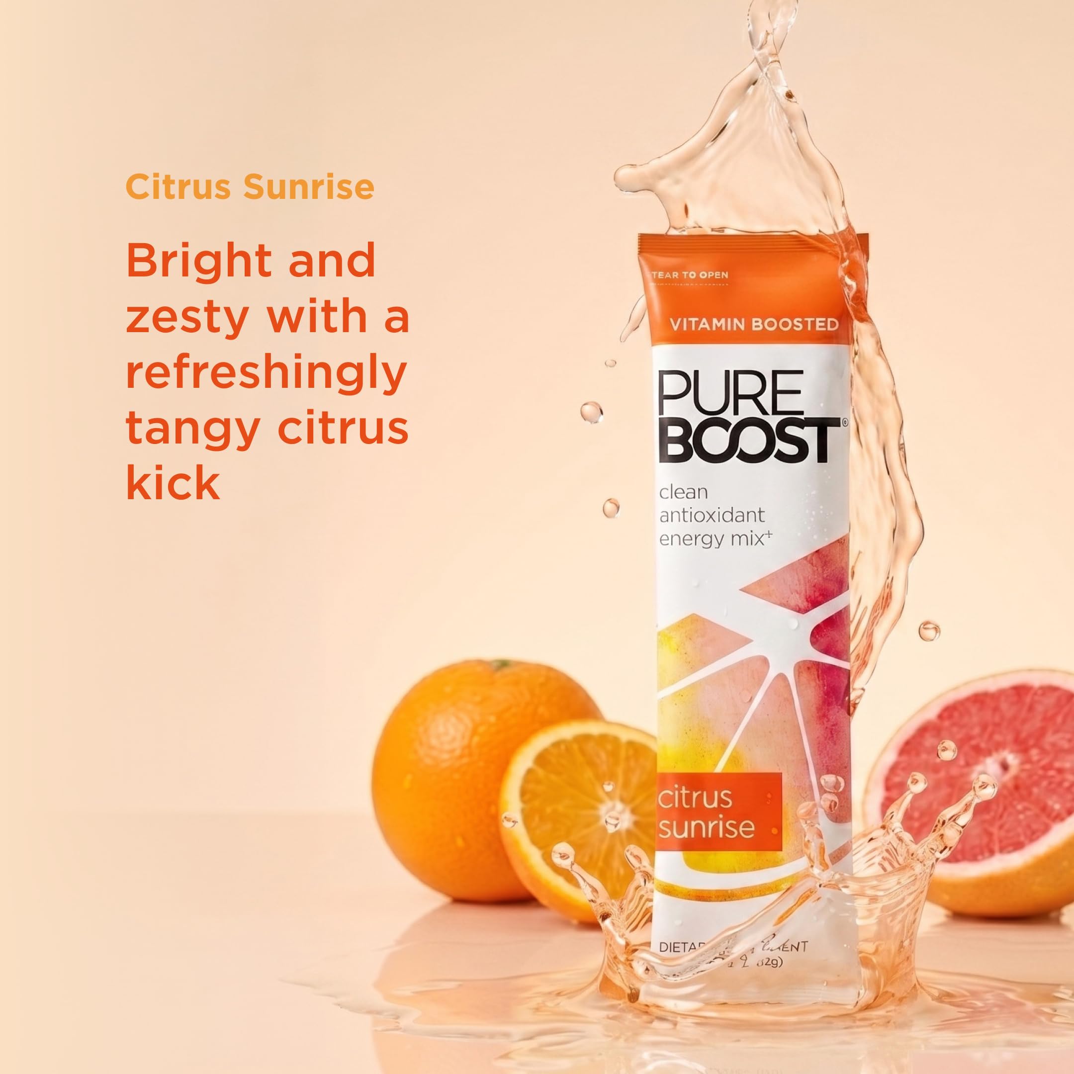Pureboost powder fizzing in water to show quick mixing and refreshment