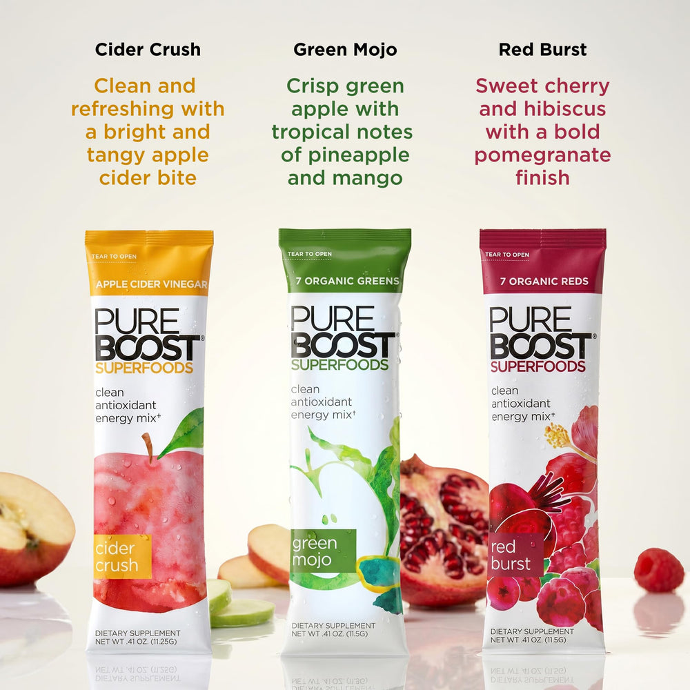 Pureboost flavor array of packets lined up offering variety and daily choice benefit