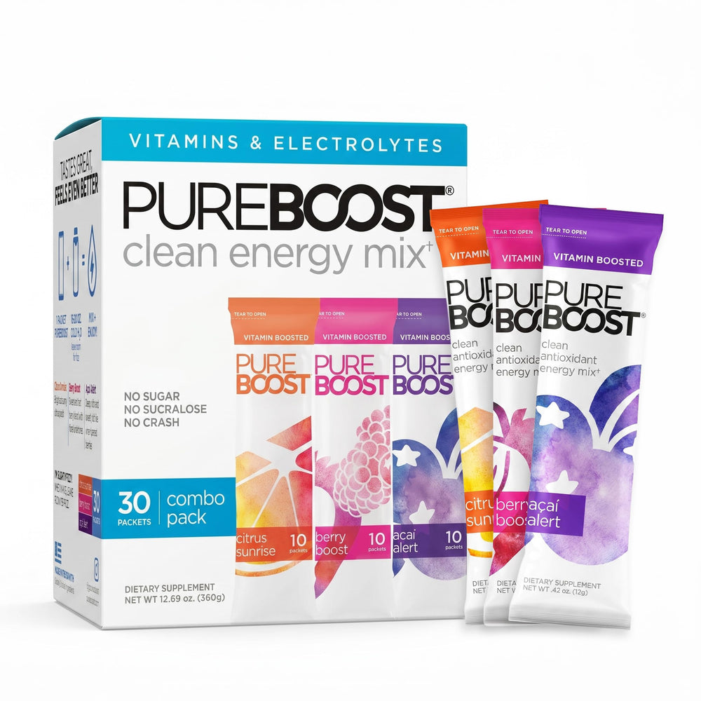 Pureboost front packaging showing combo 30ct for easy energy