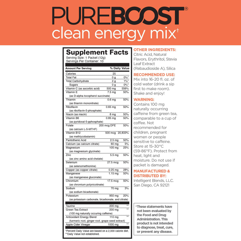 Pureboost packet opened to show fine citrus-colored powder ready to mix