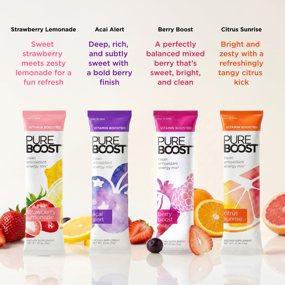 Pureboost packet pouring into water illustrating instant mixability and convenience benefit