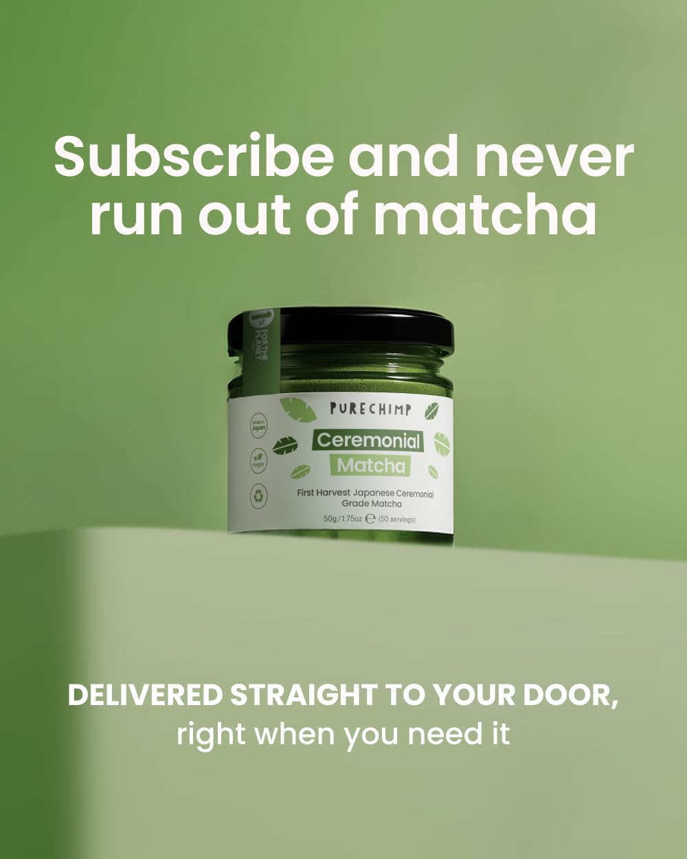 PureChimp matcha latte in glass highlighting creamy foam and bright green hue