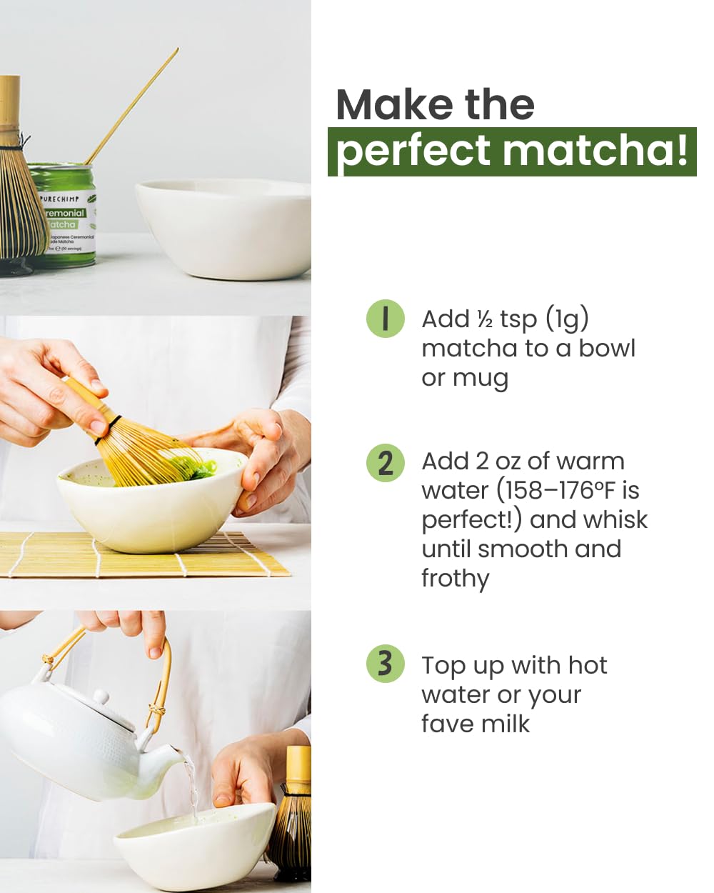 PureChimp matcha with scale and scoop illustrating portioning and convenience