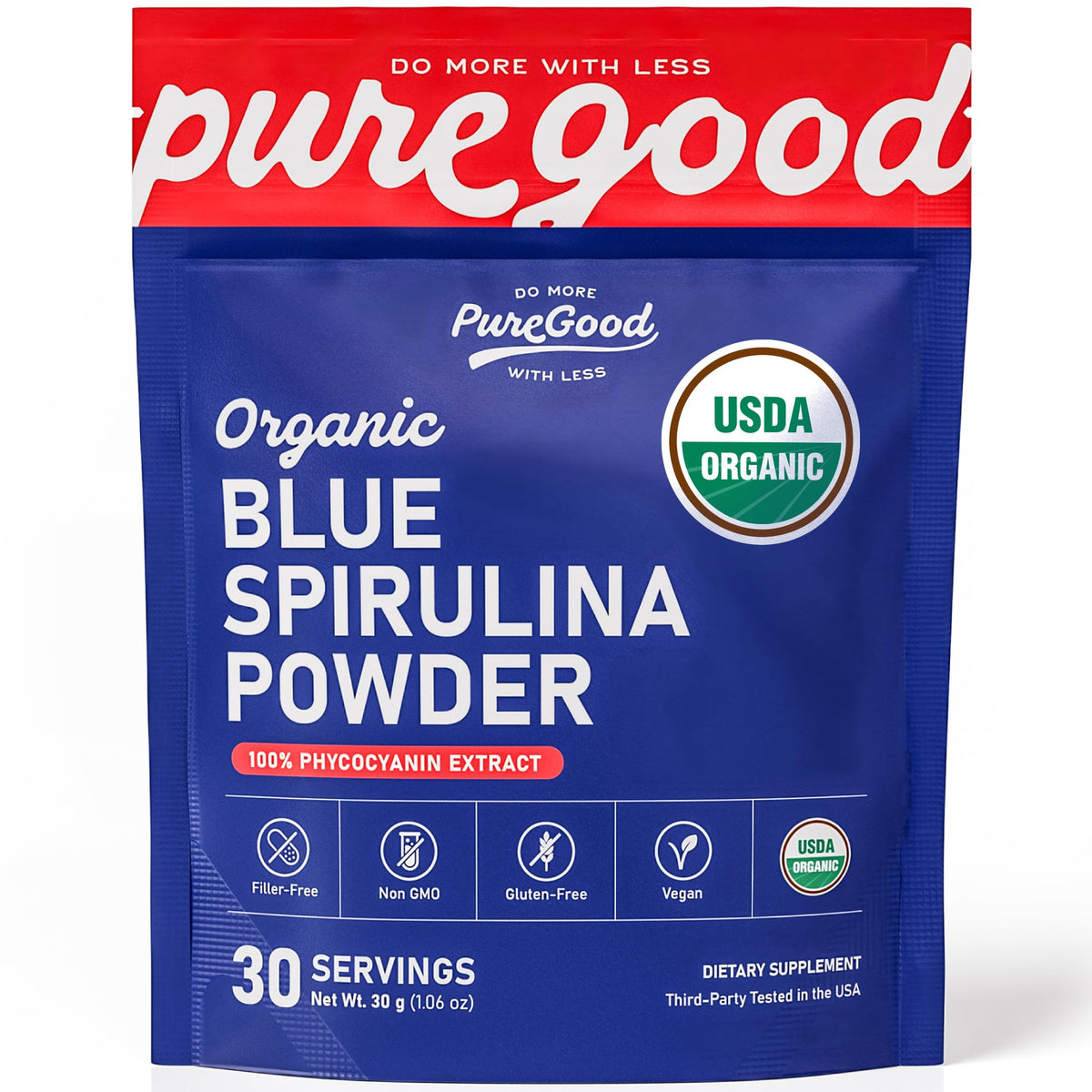 PureGood front pouch showing organic blue spirulina powder and label benefits